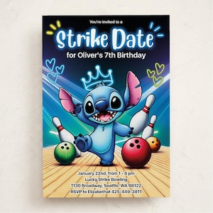 Stitch Bowling Birthday Invitation, Editable Party Template, Blue Alien Theme, Instant Download
