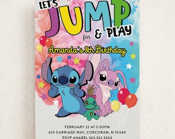 Angel & Stitch Let's Jump Birthday Invitation – Editable Trampoline Party Invite, Digital Download