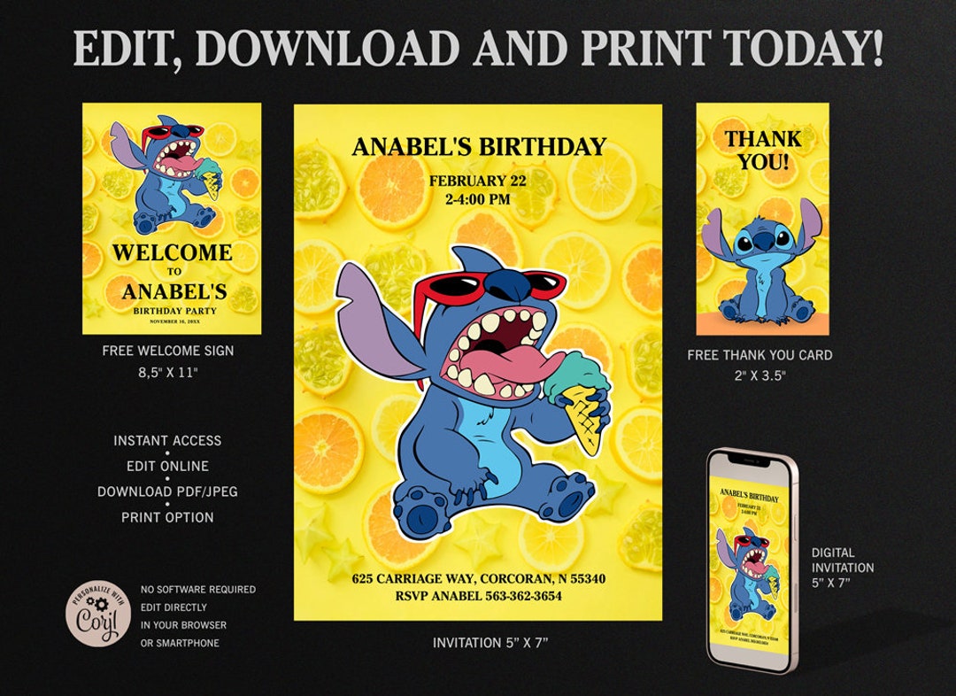Digital Delivery, Fun Lilo and Stitch Invitation, Lilo and Stitch Party,  Lilo Birthday Invite