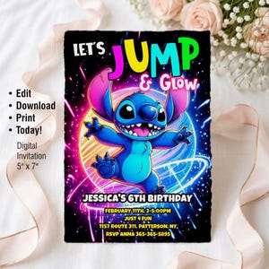 May include: A digital invitation card featuring a blue cartoon character with large ears and a wide grin, set against a vibrant background of pink, purple, and blue. The text "LET'S JUMP & GLOW" is prominently displayed, along with details for Jessica's 6th birthday. The card measures 5" x 7".