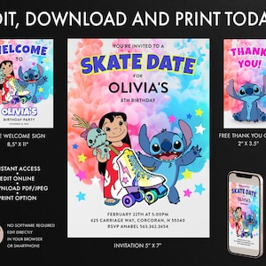 Convite de aniversário de patinação Lilo e Stitch, cartão de agradecimento Lilo e Stitch, sinal de boas-vindas