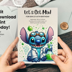 Invito di compleanno a tema scienziato pazzo Stitch - Download digitale modificabile, invito personalizzato per festa scientifica