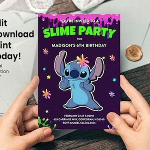 Invitation d'anniversaire Stitch Slime, modèle de fête numérique éditable, thème extraterrestre bleu, téléchargement immédiat