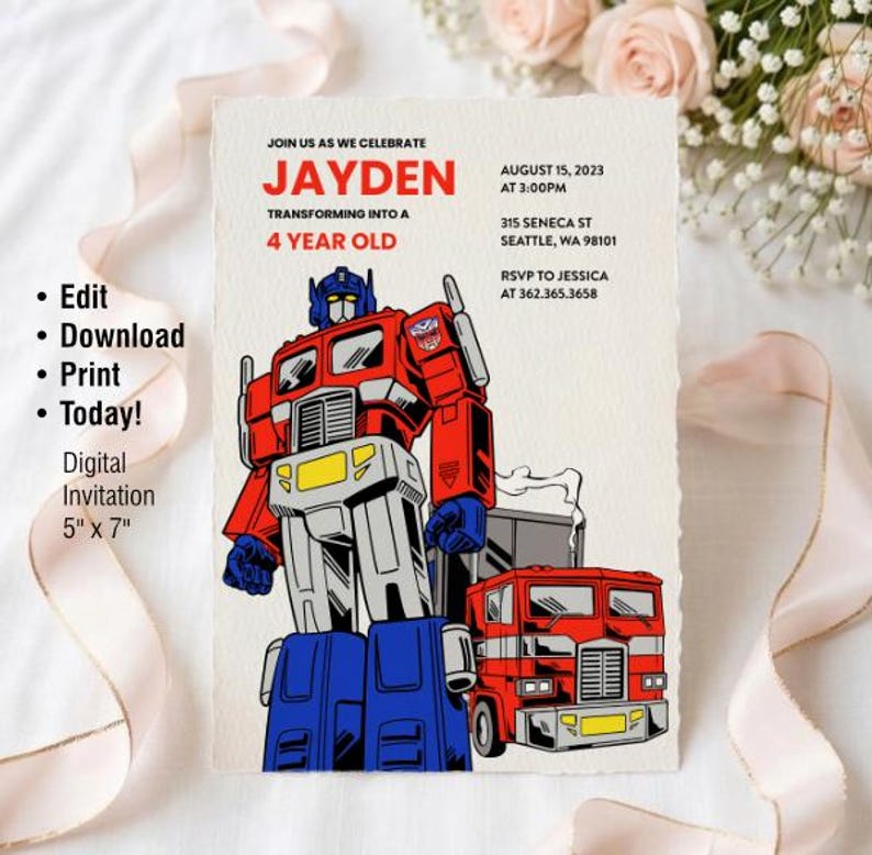 Optimus Prime Birthday Invitation - Editable Digital Party Template ...