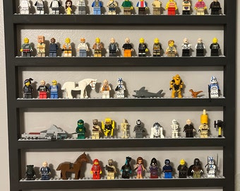May include: A black display case with eight shelves filled with a collection of miniature Lego figures. The figures are arranged in rows and include characters from various themes, such as Star Wars, Harry Potter, and superheroes.