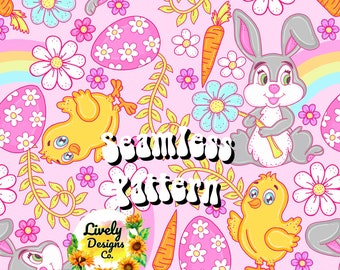 Seamless Pattern Spring Chick Pink Easter Bunny