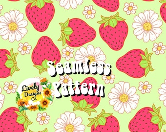 Seamless Pattern Summer Strawberry Daisy