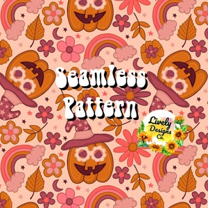Seamless Pattern Retro Fall Witchy Pumpkins
