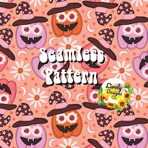 Seamless Pattern Groovy Fall Witchy Pumpkins