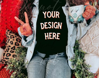 Bella Canvas Black Jersey T-shirt Mockup - Bella Canvas Shirt Mockup  - Everyday Simple Mockup - Fall Mockup  - Boho Mockup - Model Mockup