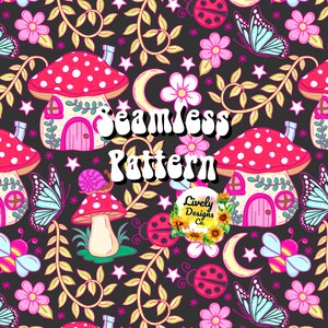 Seamless Pattern Cottage Core Mystical Mushroom Garden