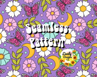 Seamless Pattern Butterfly Floral Moon