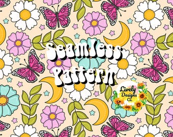 Seamless Pattern Butterfly Floral Moon