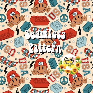 Könnte beinhalten: Ein nahtloses Muster mit einem Retro-Thema der 90er Jahre mit Smiley-Gesichtern, die Beanies tragen, Friedenszeichen, USA-Schriftzug, roten und blauen Bausteinen und Skateboards. Das Muster ist auf einem hellbeigen Hintergrund.