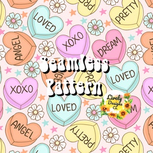 May include: A seamless pattern featuring pink, yellow, blue, and orange candy hearts with various words on them, including "Angel", "Loved", "XOXO", "Dream", and "Pretty". The background is a light pink with white stars and flowers.