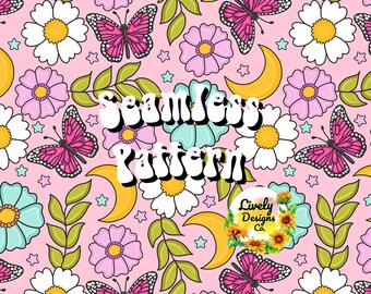 Seamless Pattern Butterfly Floral Moon