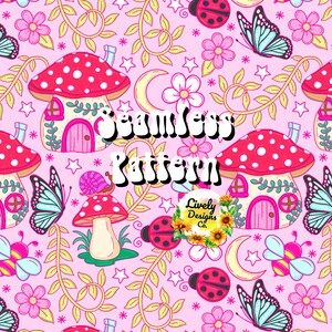 Seamless Pattern Cottage Core Mystical Mushroom House