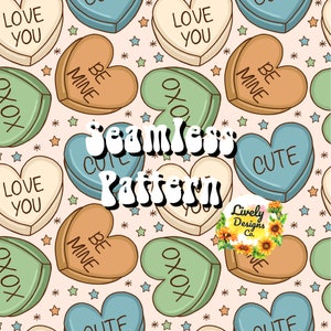May include: A seamless pattern featuring a variety of heart-shaped candy with different messages, including "Love You", "Be Mine", "Cute", and "XOX". The background is a light pink with small white stars.
