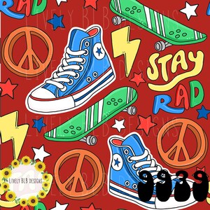 May include: A repeating pattern on a red background featuring blue high-top sneakers with white laces, green skateboards with white stripes, orange peace signs, yellow lightning bolts, and stars. The text "STAY RAD" appears in yellow, blue, and green.