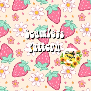 Seamless Pattern Summer Strawberry Floral Daisy