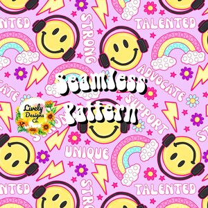 Könnte beinhalten: Ein nahtloses Muster in Rosa mit gelben Smiley-Gesichtern, die Kopfhörer tragen, Regenbogen-Pop-it-Spielzeug, Blitzen, Sternen und den Wörtern "Strong", "Unique", "Advocate", "Support", "Talented" und "Seamless Pattern".