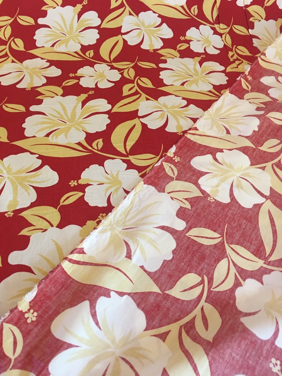 Red Hawaiian Fabric: Yellow Hibiscus Floral Print, 100 Cotton by