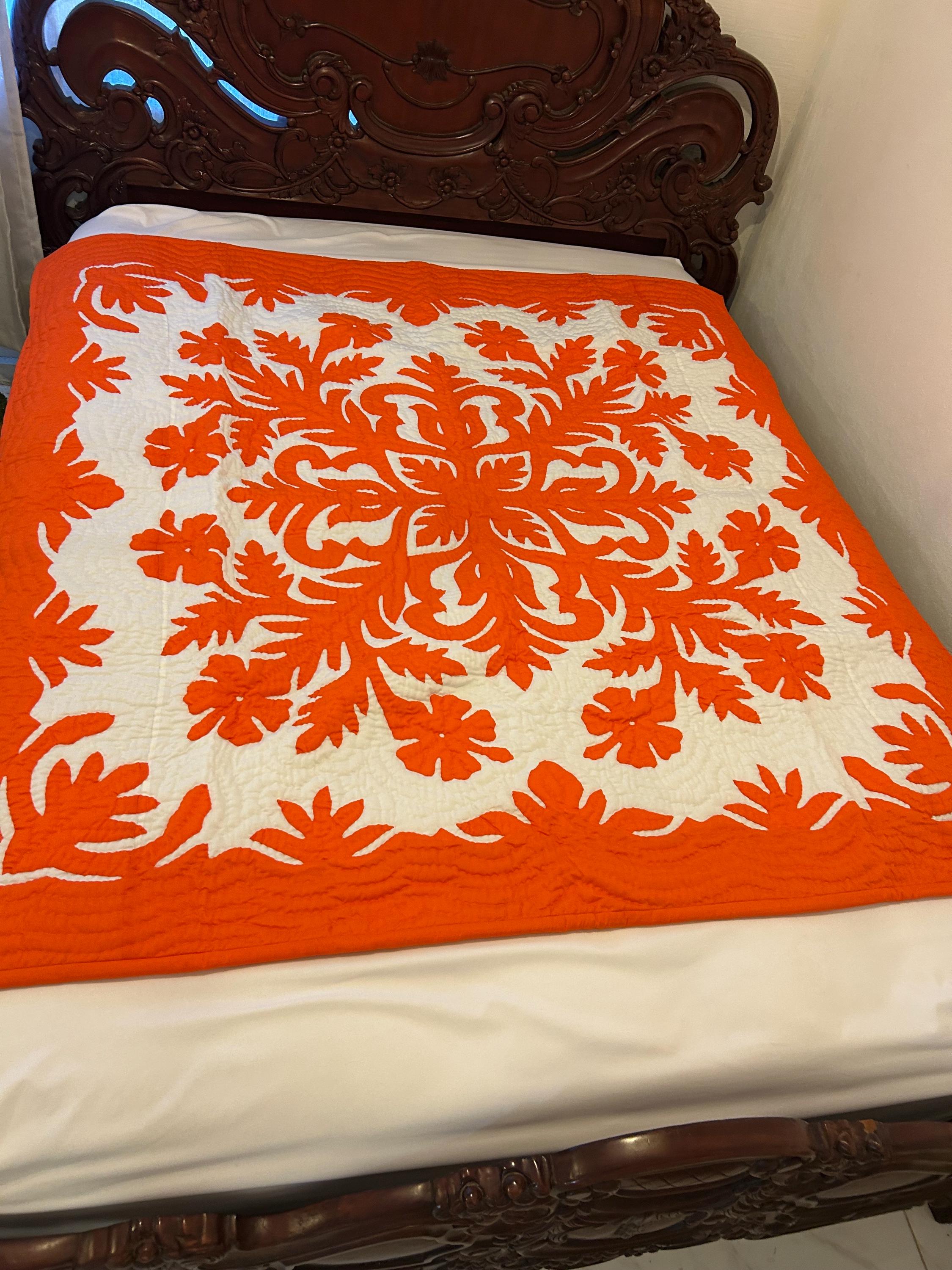 Handmade Hawaiian Quilt: Orange Hibiscus Bedspread (60x60 Inch