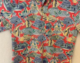 Vintage Cooke Street Hawaiian Aloha Shirt: Red Multi-Color Fish Print, Small