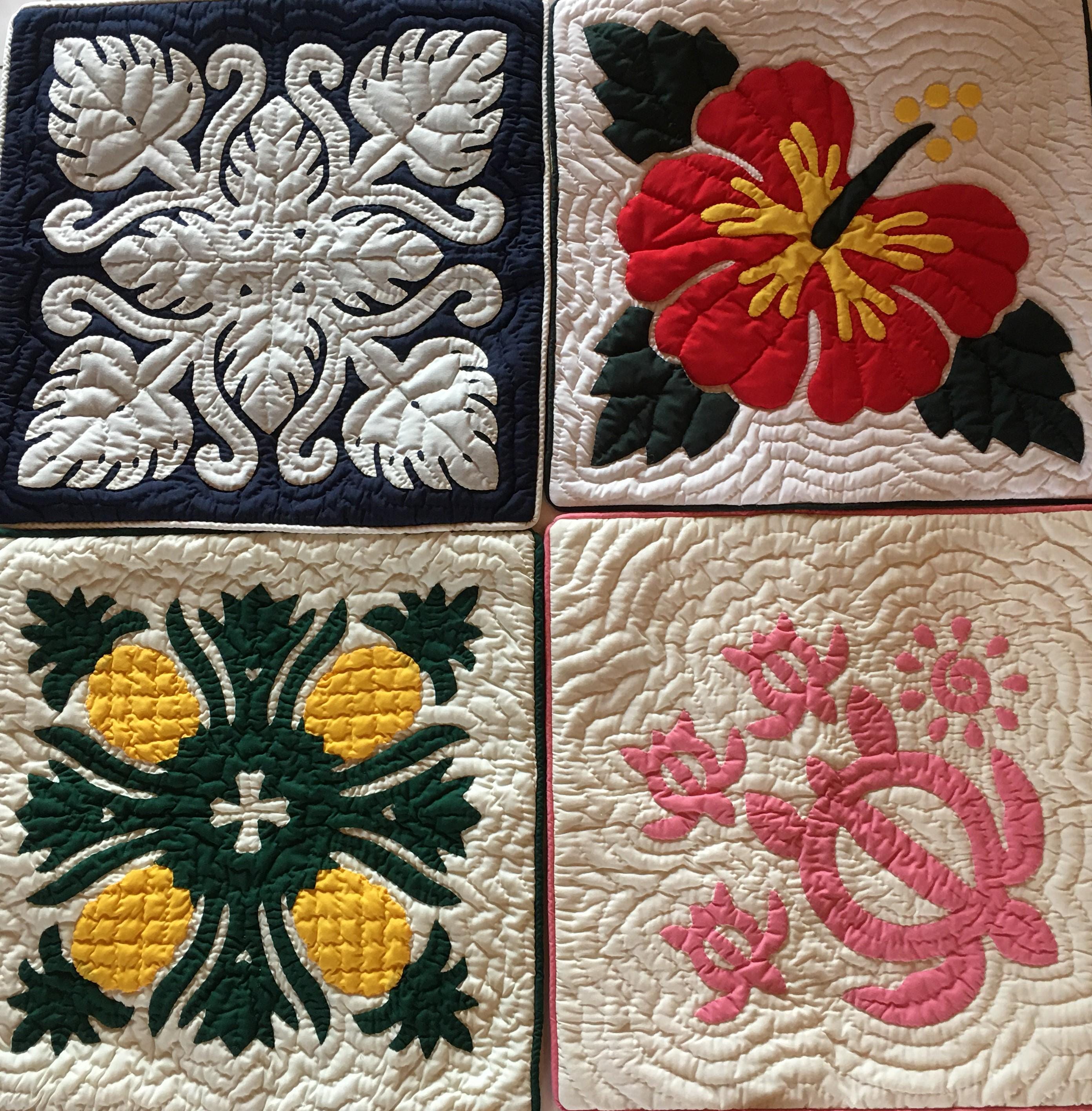 ハワイアンキルトの写真、画像：ハイビスカス、パイナップル、カメ