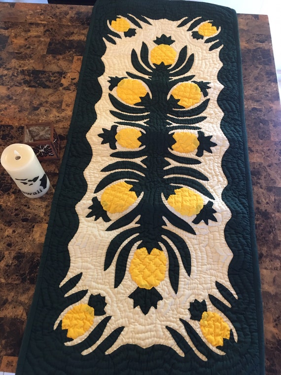 100% Hand Appliqued not a machine embroidered Hawaiian handmade quilts table runner/ wall hanging in brown 20”/50” with free shipping