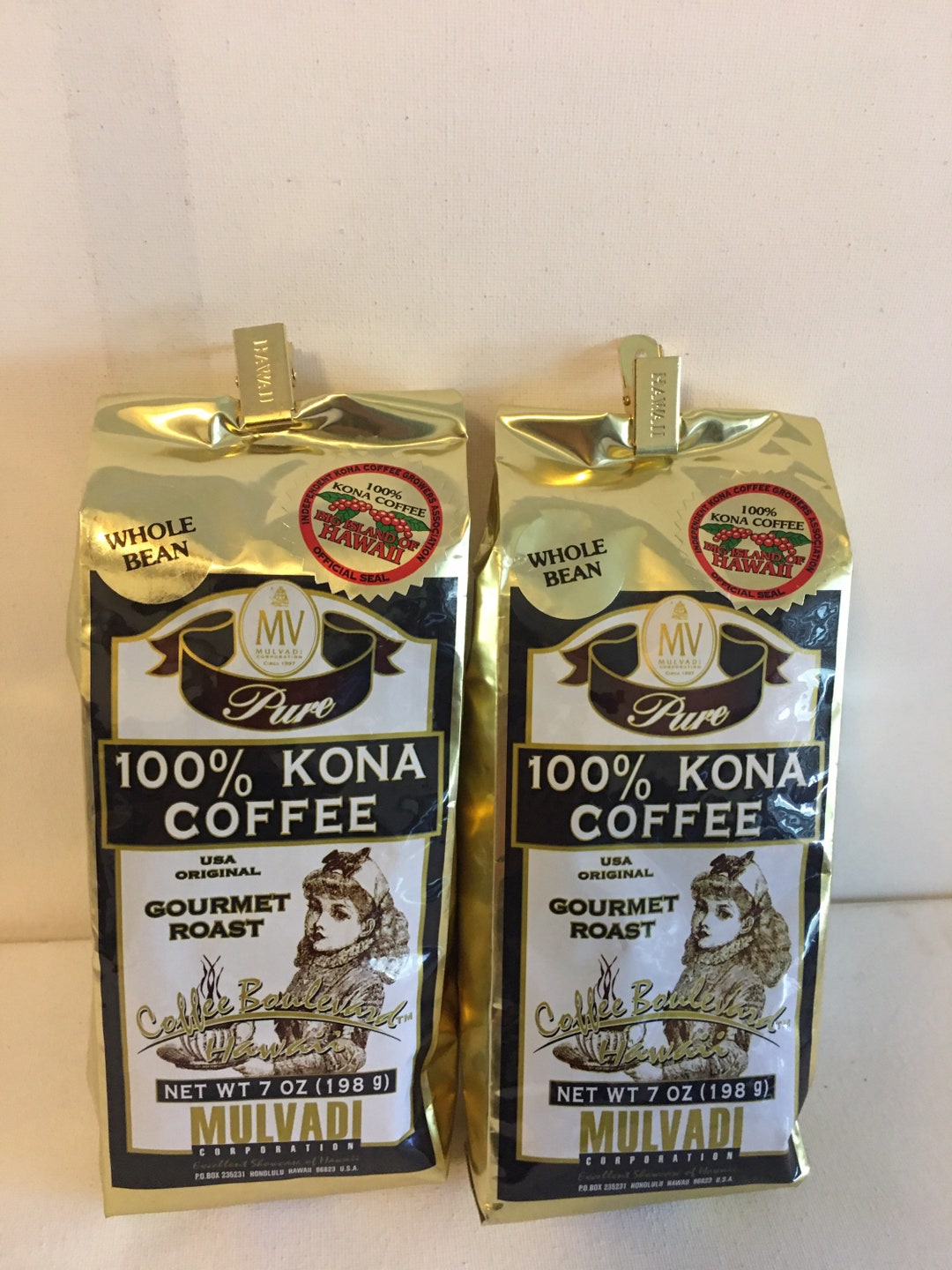 2 Bags 100 Kona Coffee Mulvadi Gourmet Roast Whole Bean 7oz Ea Bb 1/