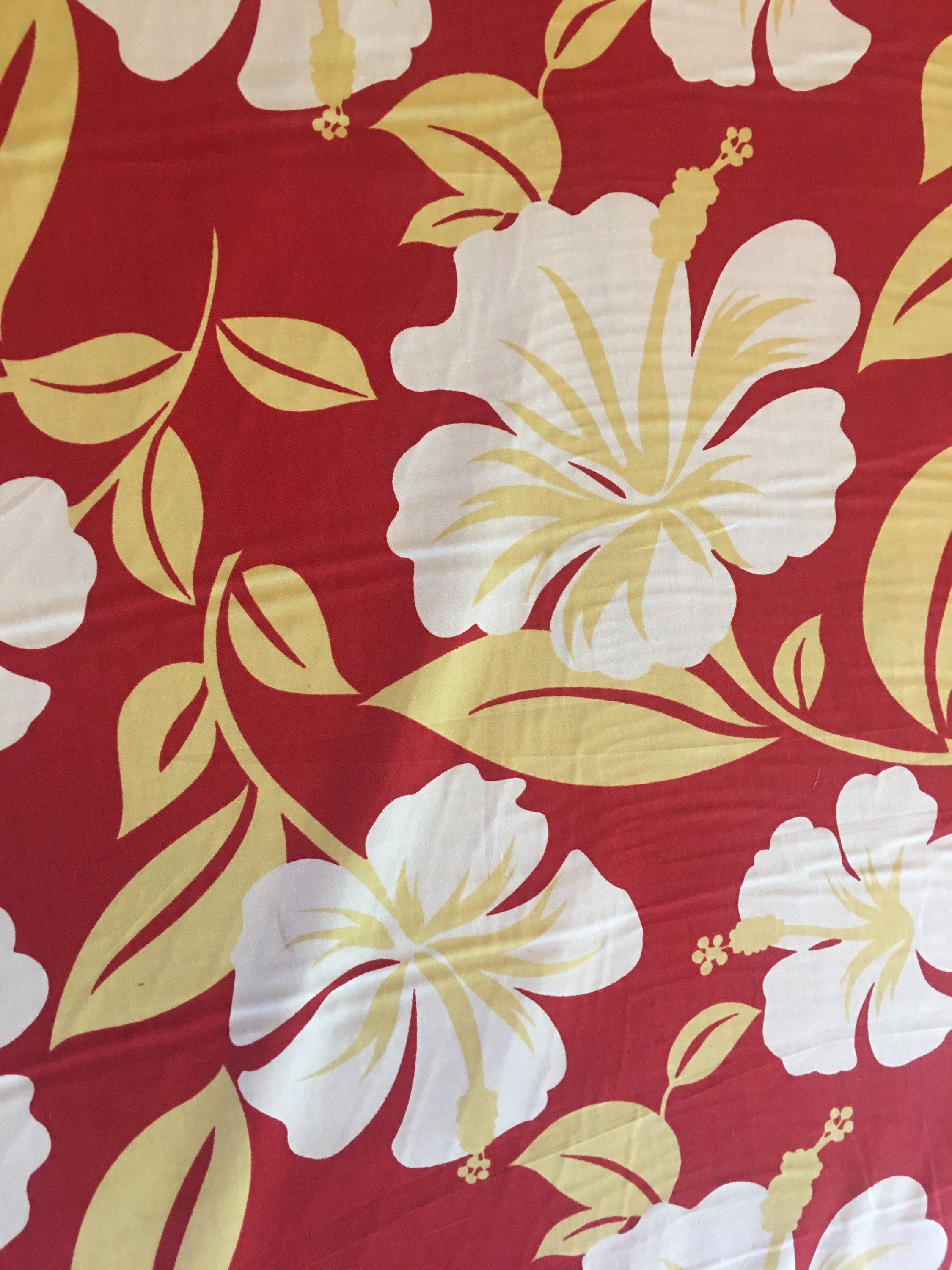 Red Hawaiian Fabric: Yellow Hibiscus Floral Print, 100 Cotton by