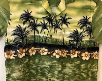 Camicia Aloha hawaiana floreale vintage oro/verde isola XLarge 100% cotone realizzata alle Hawaii con spedizione gratuita