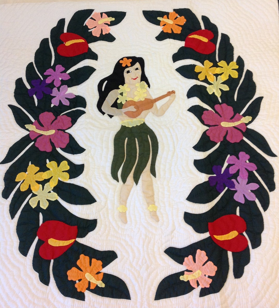 Hawaiian Quilts Ukulele Girl Art Printable Jpg and Png Digital File
