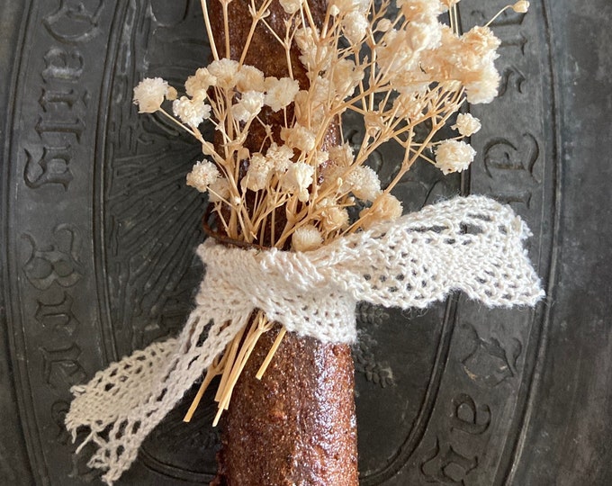 Primitive Grungy Candlestick with Lace and Baby’s Breath