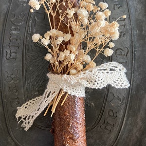 Primitive Grungy Candlestick with Lace and Baby’s Breath