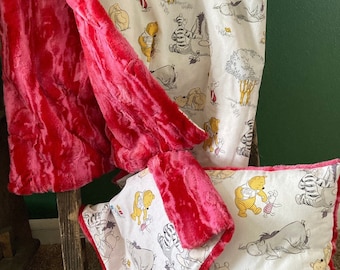 3 Piece Set of Winnie the Pooh & Friends Cotton Candy Pink Minky Blanket, Lovey, and Pillow Set