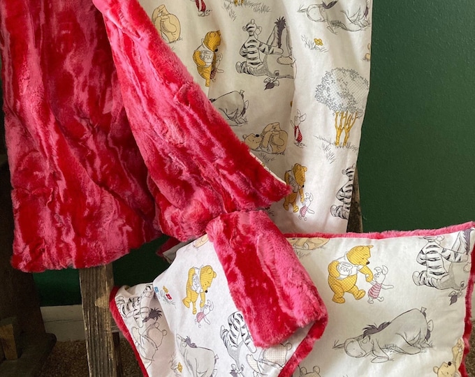 3 Piece Set of Winnie the Pooh & Friends Cotton Candy Pink Minky Blanket, Lovey, and Pillow Set