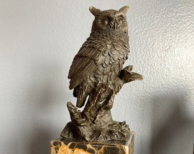 Vintage Milo Signed Owl Bronze and Marble Base Sculpture