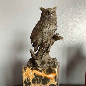 Vintage Milo Signed Owl Bronze and Marble Base Sculpture