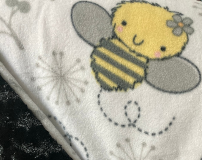 Bee Print Fleece and Black Rosebud Super Soft Minky Large Blanket with Double Layer Batting