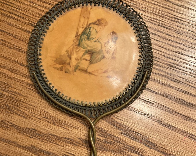 Antique Beveled Glass Celluloid Lithograph Hand Mirror with Metal Handle