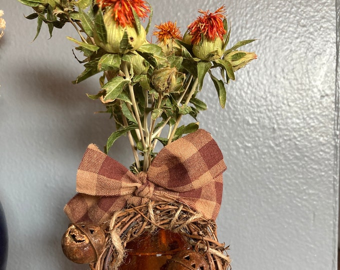 Halloween Decor Vintage Amber Glass Bottle with Dried Montana Safflowers and Mini Pumpkin Grapevine Wreath