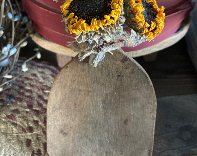 Vintage Butter Scoop with Dried Sunflowers and Ticking Fabric
