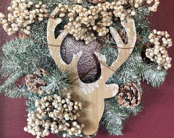 Snow-flocked Reindeer and Winter Berries Christmas Wreath