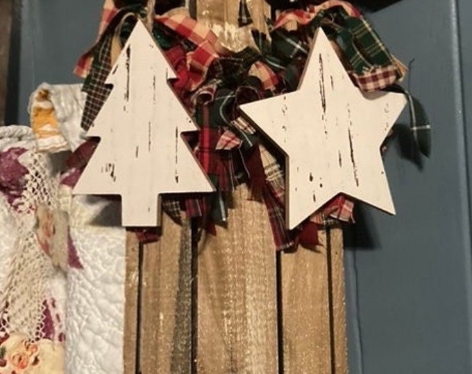 Rustic Wooden Sleigh Accent Hanging with Bronze Bells, Fabric Strips, and Ornaments