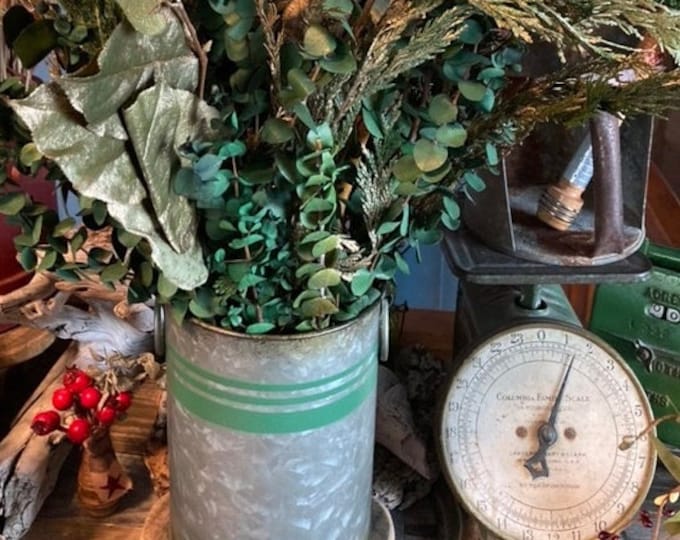 Dried Green and Gold Holiday Arrangement in Metal Tin with Green Stripes