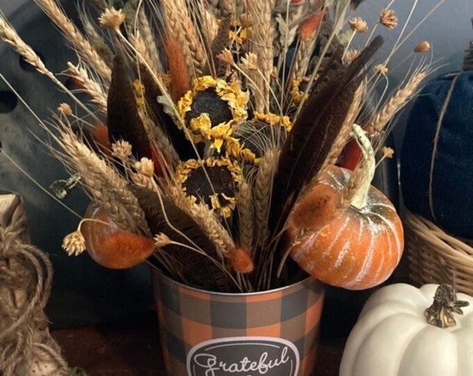 Dried Floral, Wheat, Pumpkins, and Pheasant Feathers In Metal Tin