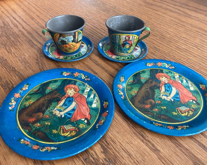 Antique Ohio Art Co Little Red Riding Hood Lithographed Tea Set