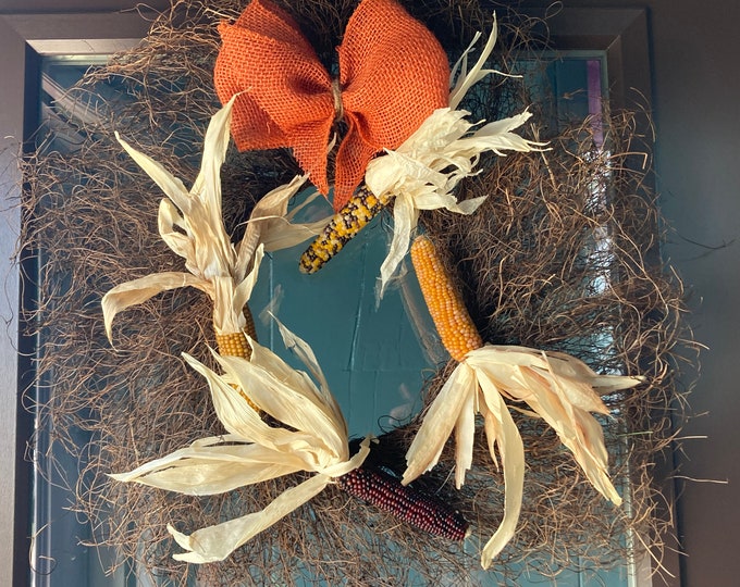 Mini Ornamental Corn and Orange Burlap Bow Twig Wreath